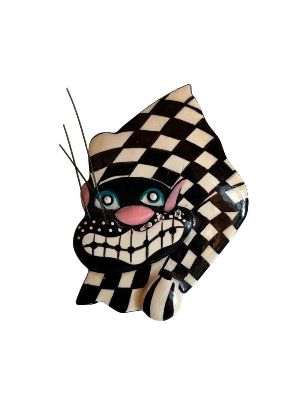 Vintage  Kelly Graham Purrfect Pieces Cheshire Cat Checkered Brooch Pin